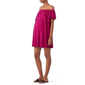 Rosie Pope Luisa Maternity Dress Women's Small Fuchsia Ruffled Off Shoulder